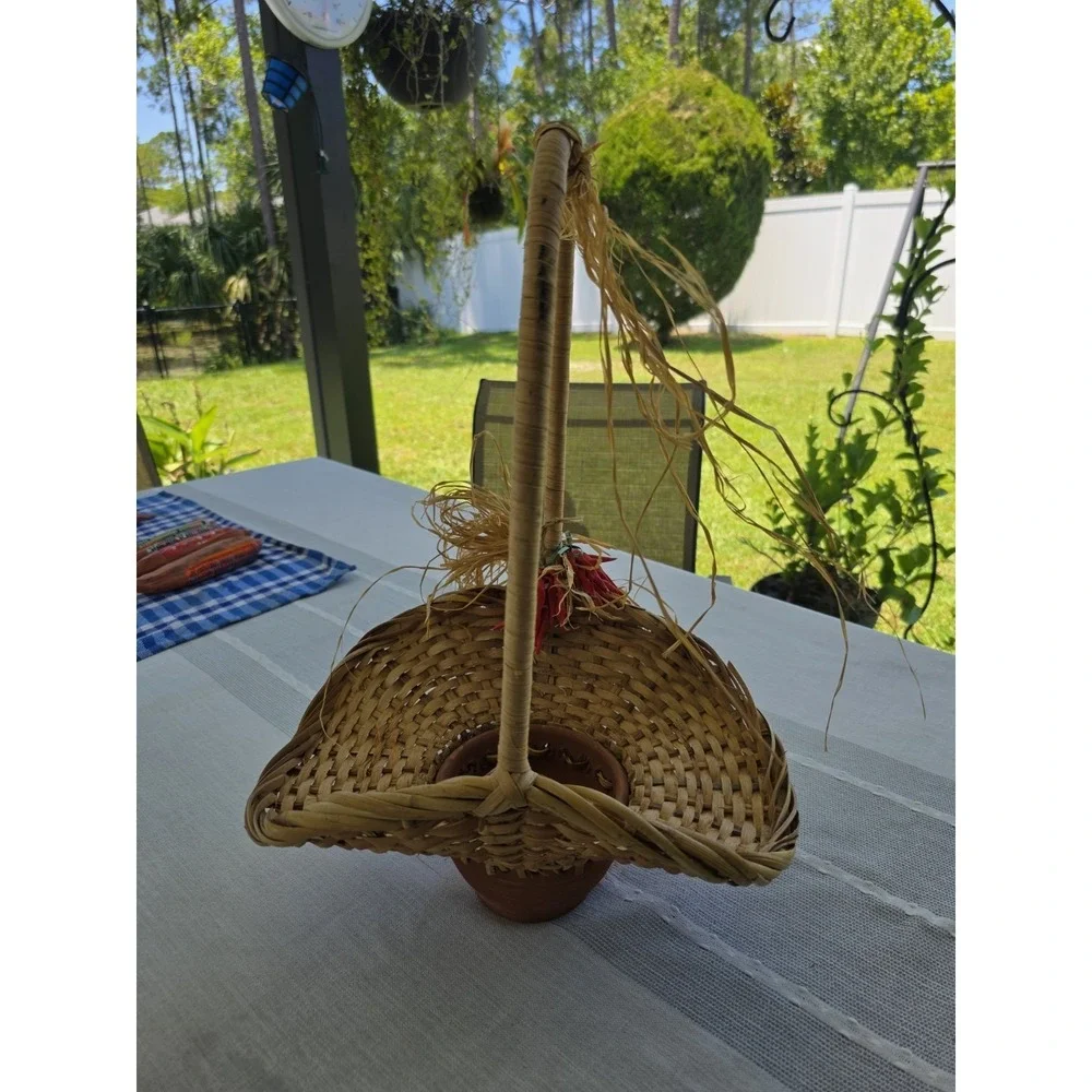 Handmade Woven Basket Planter Terracotta Clay Pot Hanging HandleRustic Decor